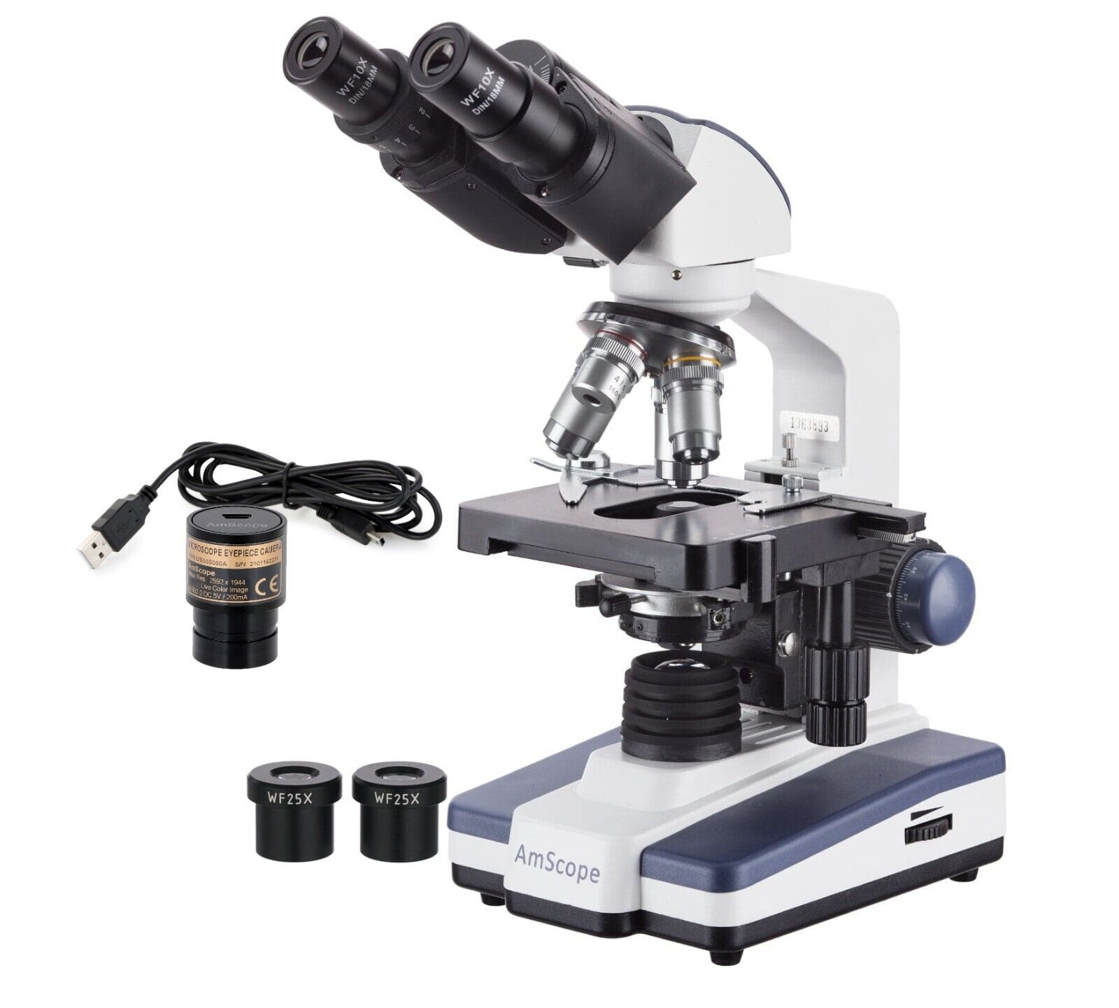AmScope 40X-2500X Compound Binocular Microscope w 3D Stage, 1.0MP Digital Camera