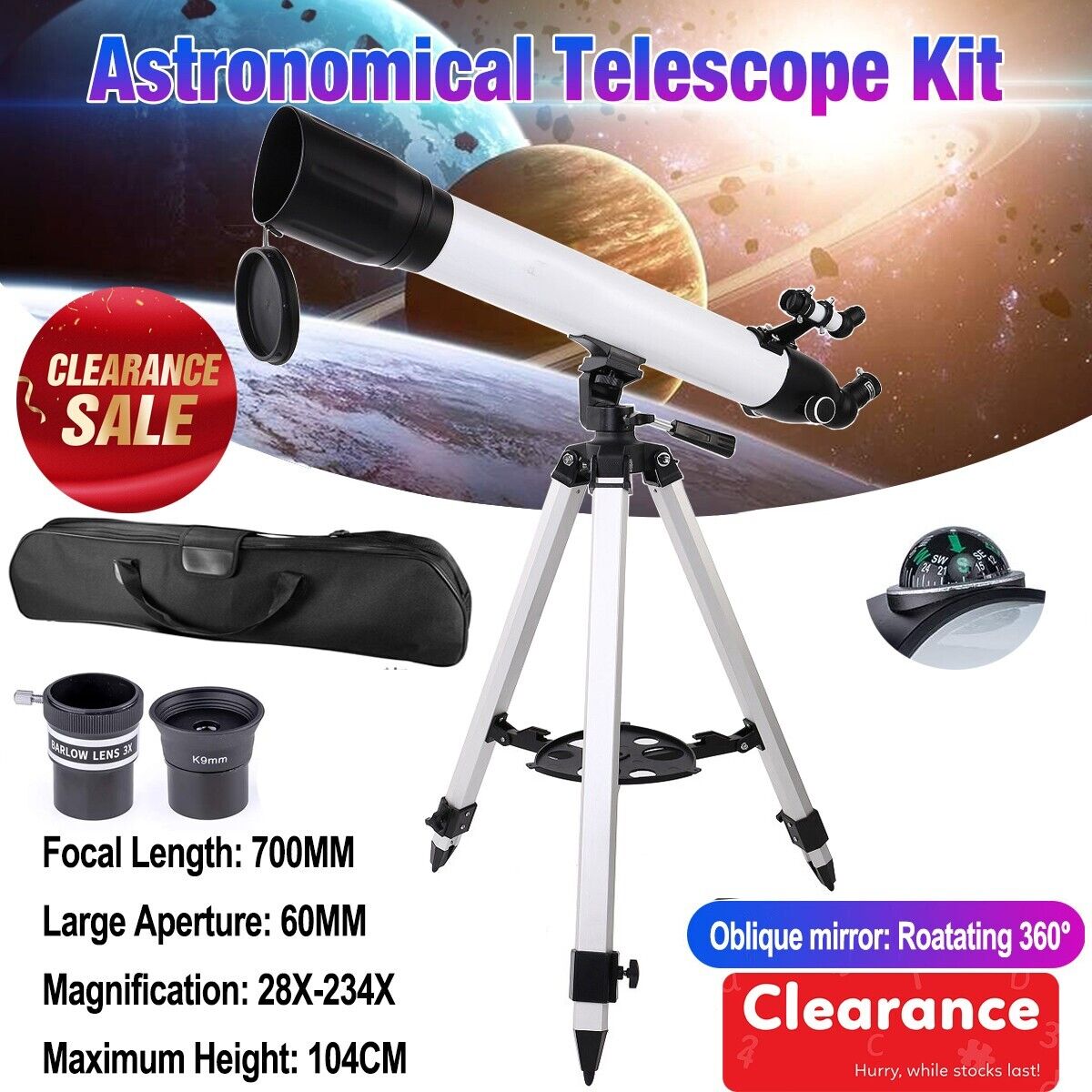 Clearance 700mm Professional Astronomical Telescope+High Tripod+Bag Adults Kids