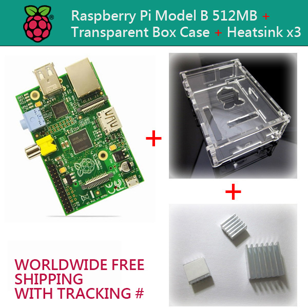 Raspberry Pi Model B 512MB Board + Transparent Box Case + Heatsink x3 ...