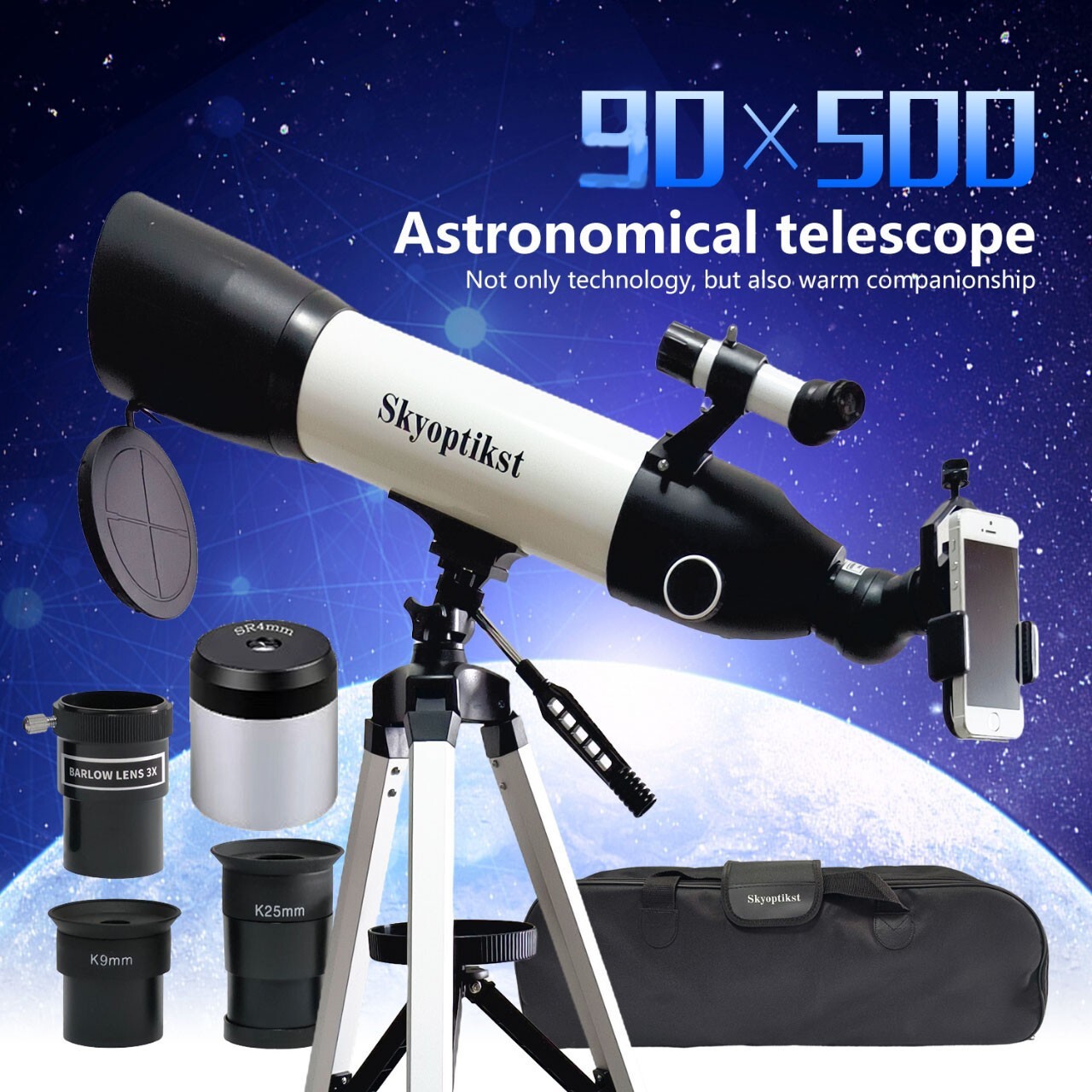 Skyoptikst 90/500 Refractor Telescope-3 Eyepieces, 3x Barlow, Phone Adapter& Bag Skyoptikst 90/500 Refractor Telescope-3 Eyepieces, 3x Barlow, Phone Adapter& Bag