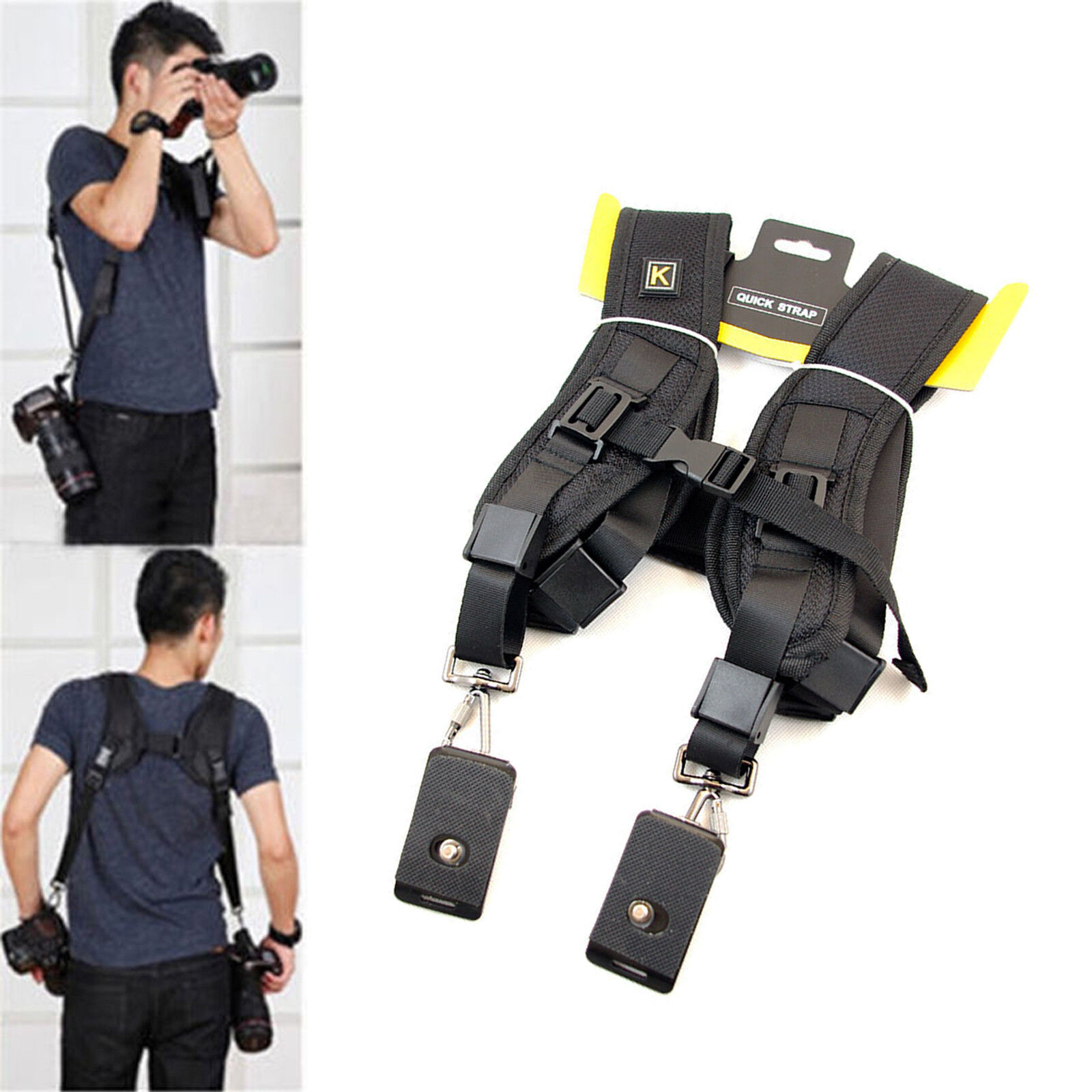 Black Dual Shoulder Quick Release Belt Sling Strap For 2 DSLR Camera Canon Nikon