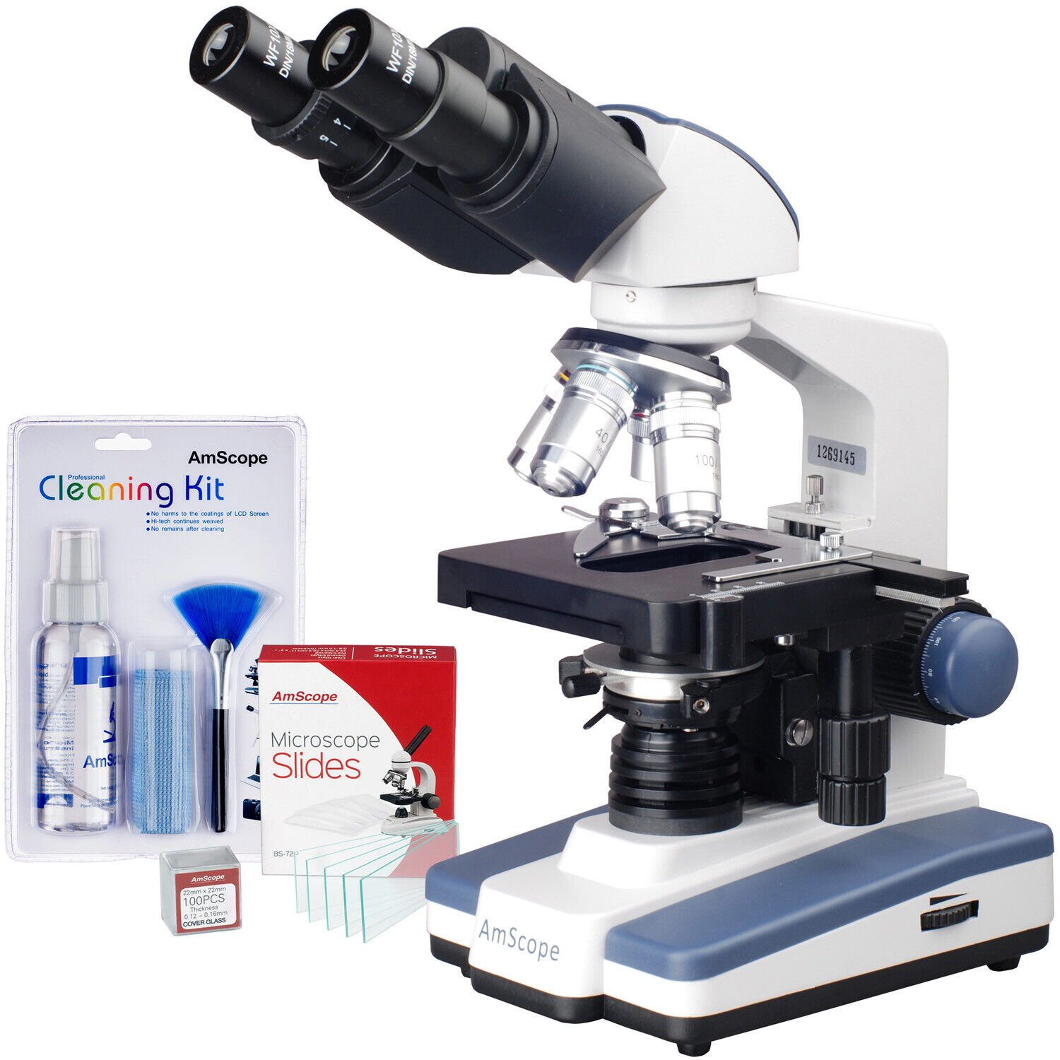 AmScope 40X-2500X Lab Binocular Compound Microscope 3D Stage, slides, clean kit