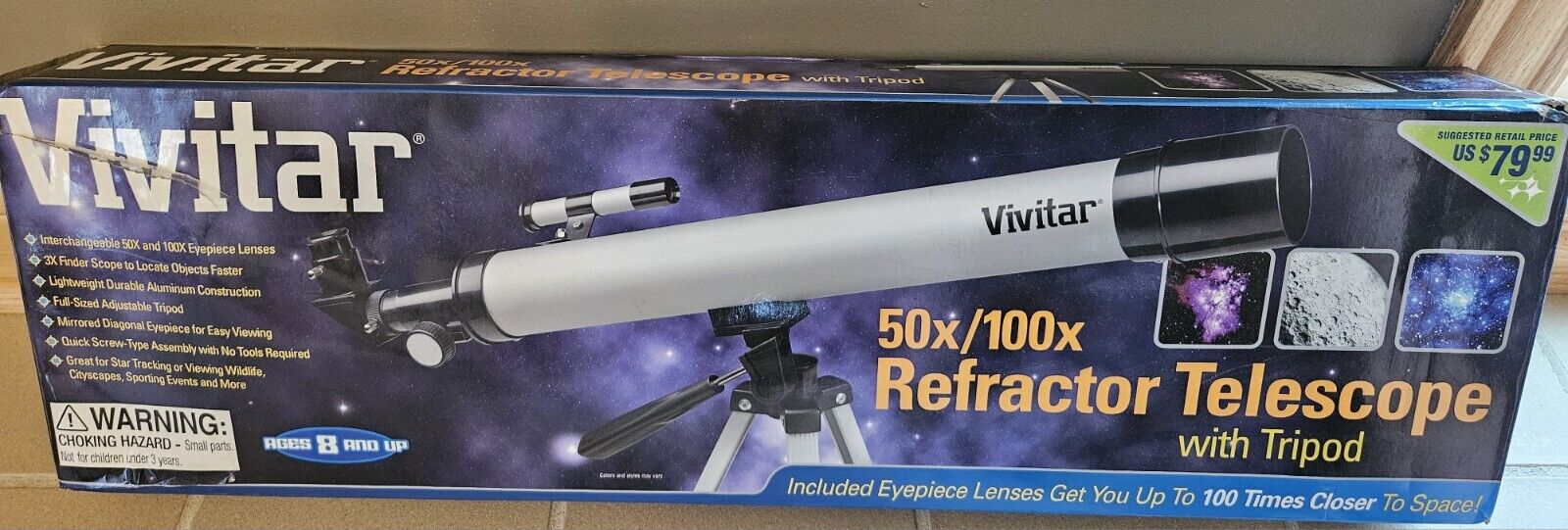 VIVITAR 50x/100x REFRACTOR TELESCOPE w/TRIPOD Lens Cap Silver & Black Ages 8+ 🔭