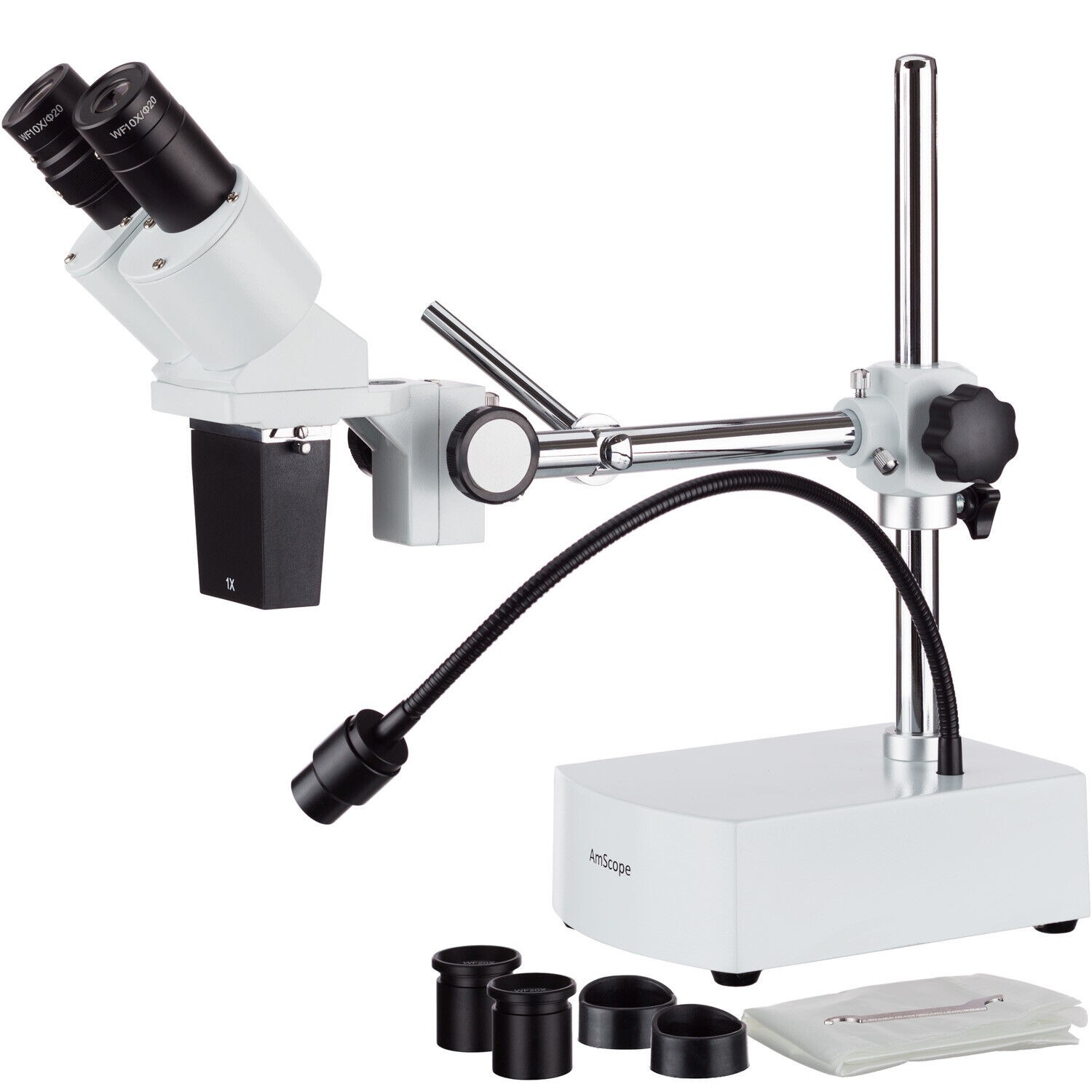 AmScope 10X-20X LED Binocular Stereo Microscope Boom Arm + LED Gooseneck