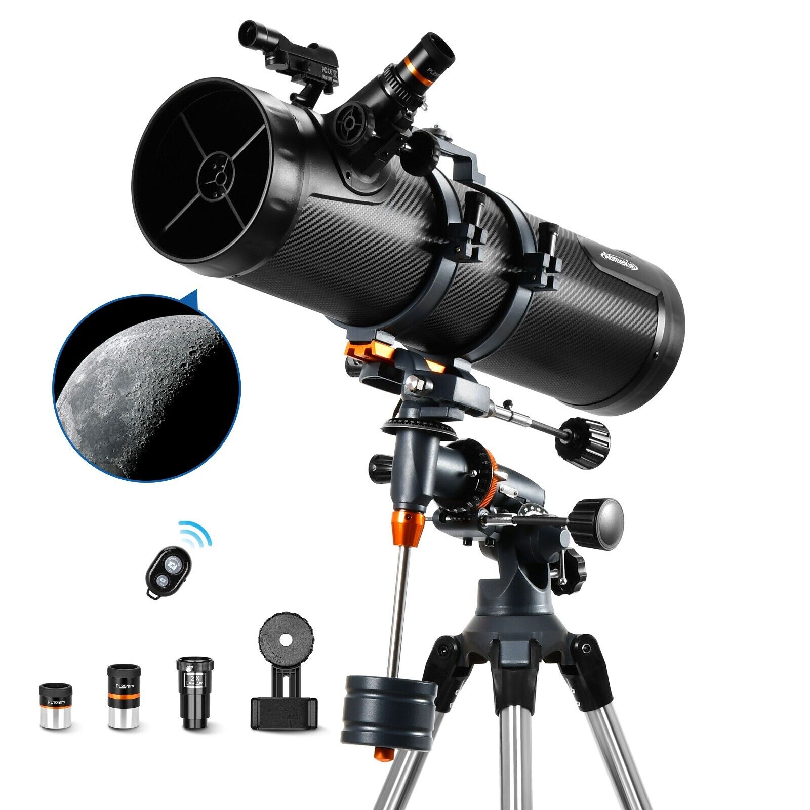 130EQ Astronomical Reflector Telescope w/ 2X Barlow Lens Phone Adapter for Adult
