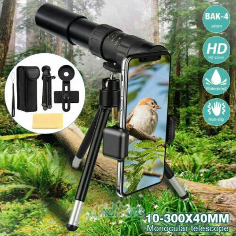 Zoomable 10-300x40mm Monocular Telescope High Power BAK4 Prism with Tripod Clip